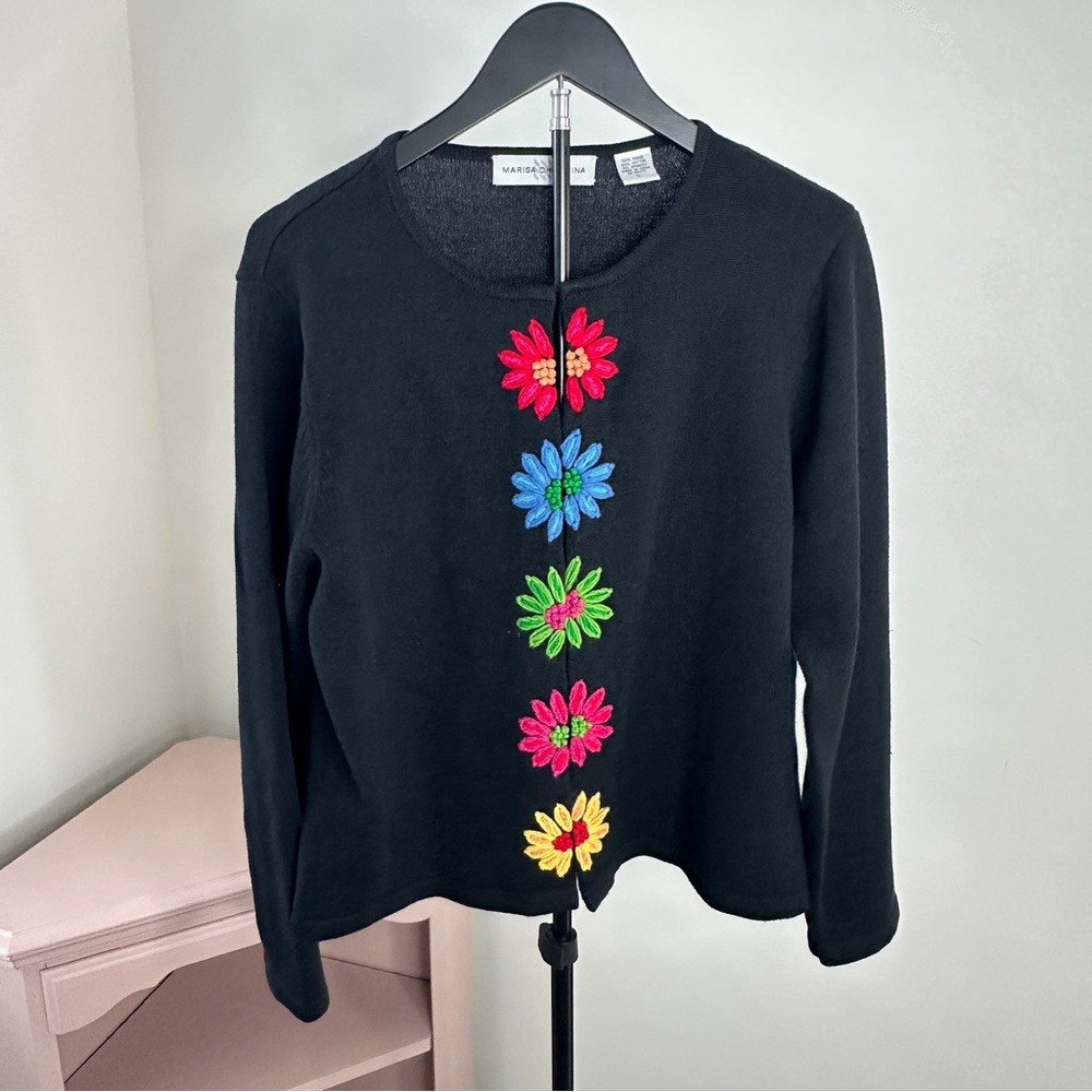 Marisa Christina Black Floral Embroidered Crewneck Sweater LARGE - Picture 6 of 6